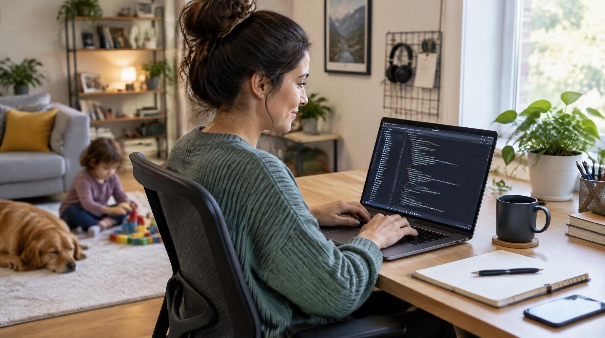 woman coding at home office