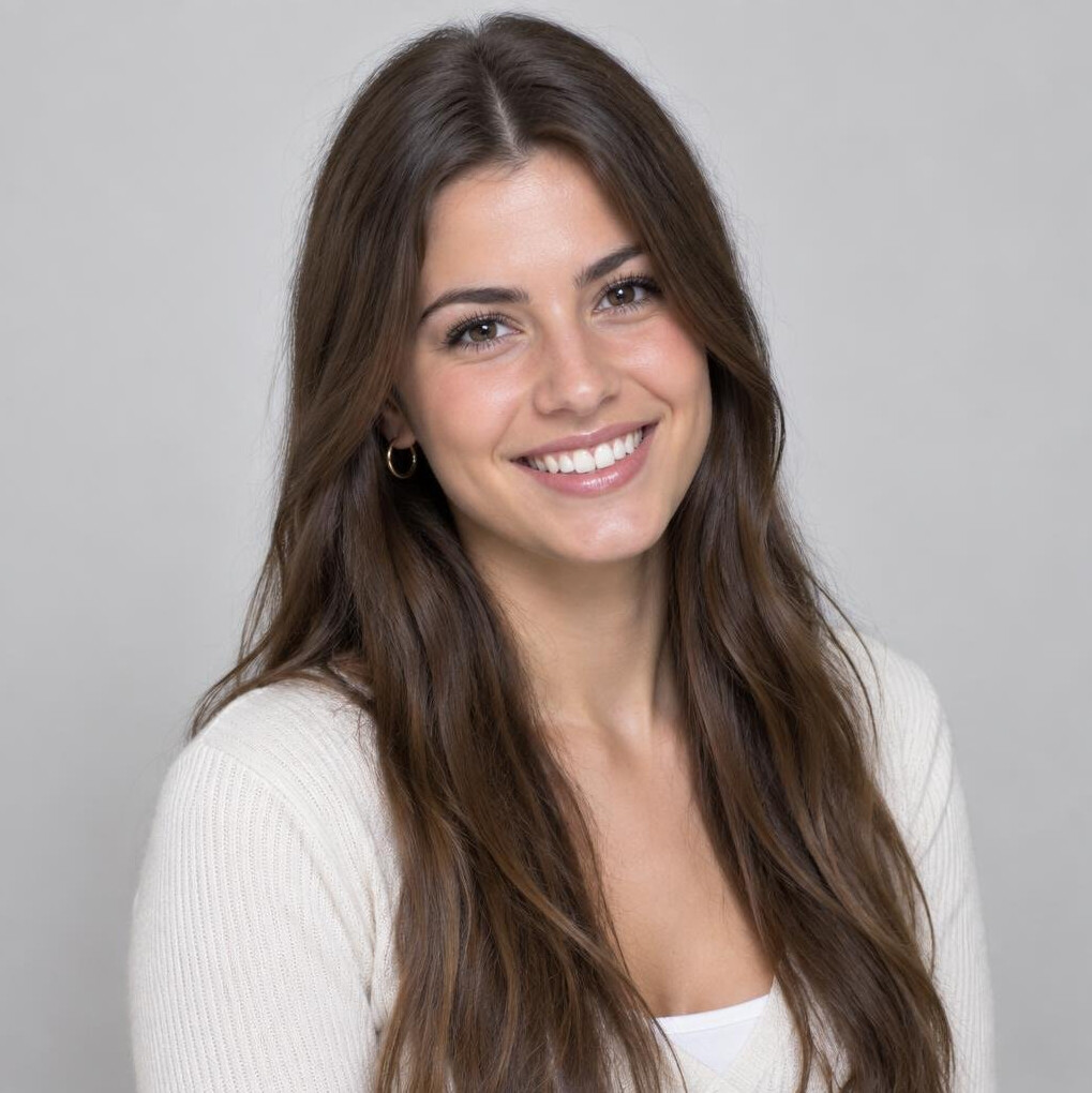 Portrait of a young woman smiling against a neutral background