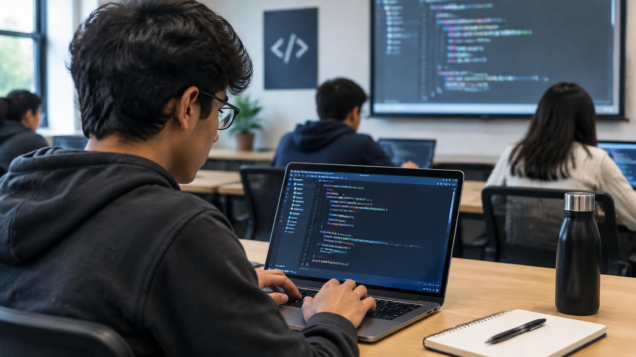 student coding on laptop