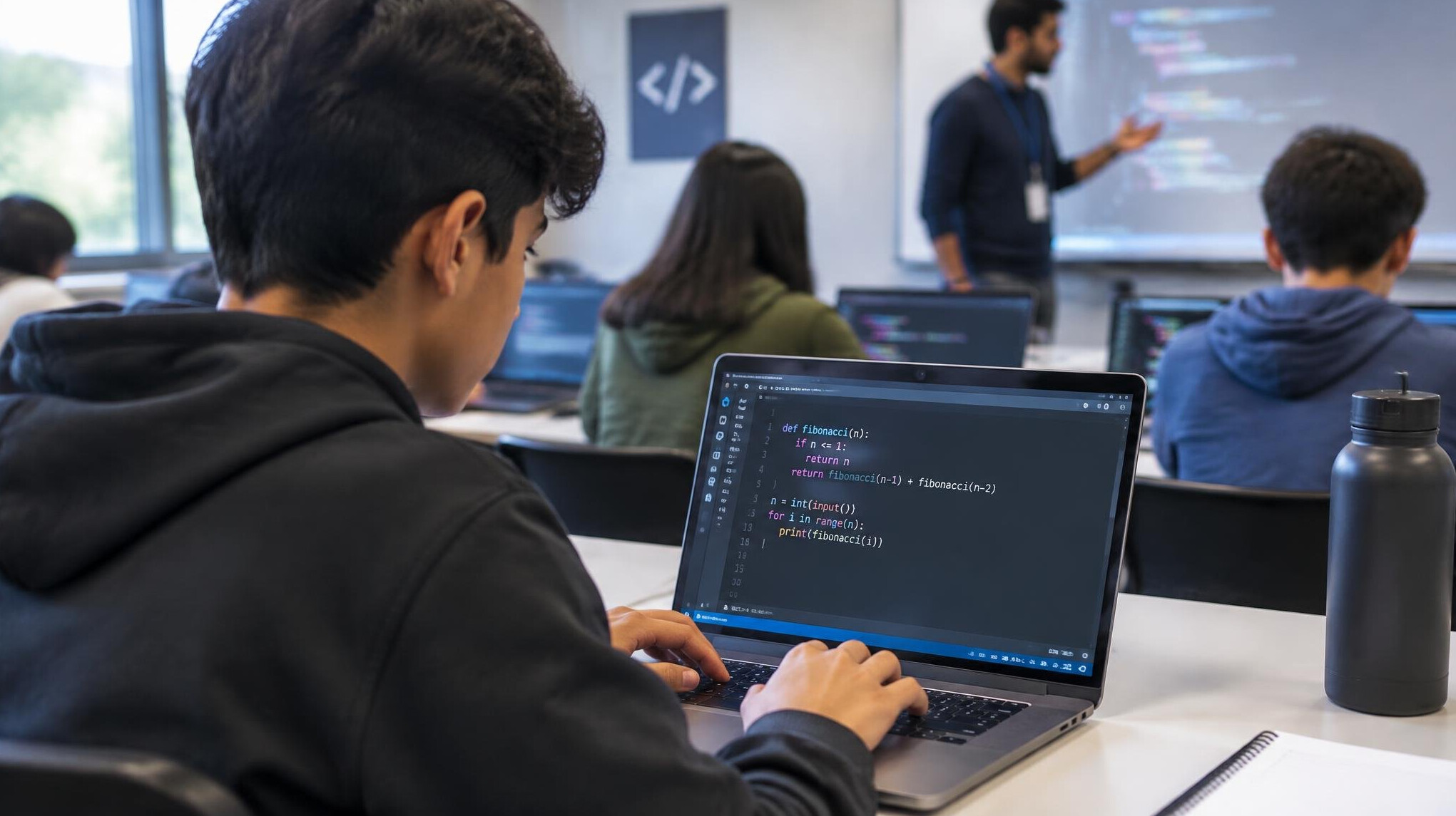 programming student coding on laptop