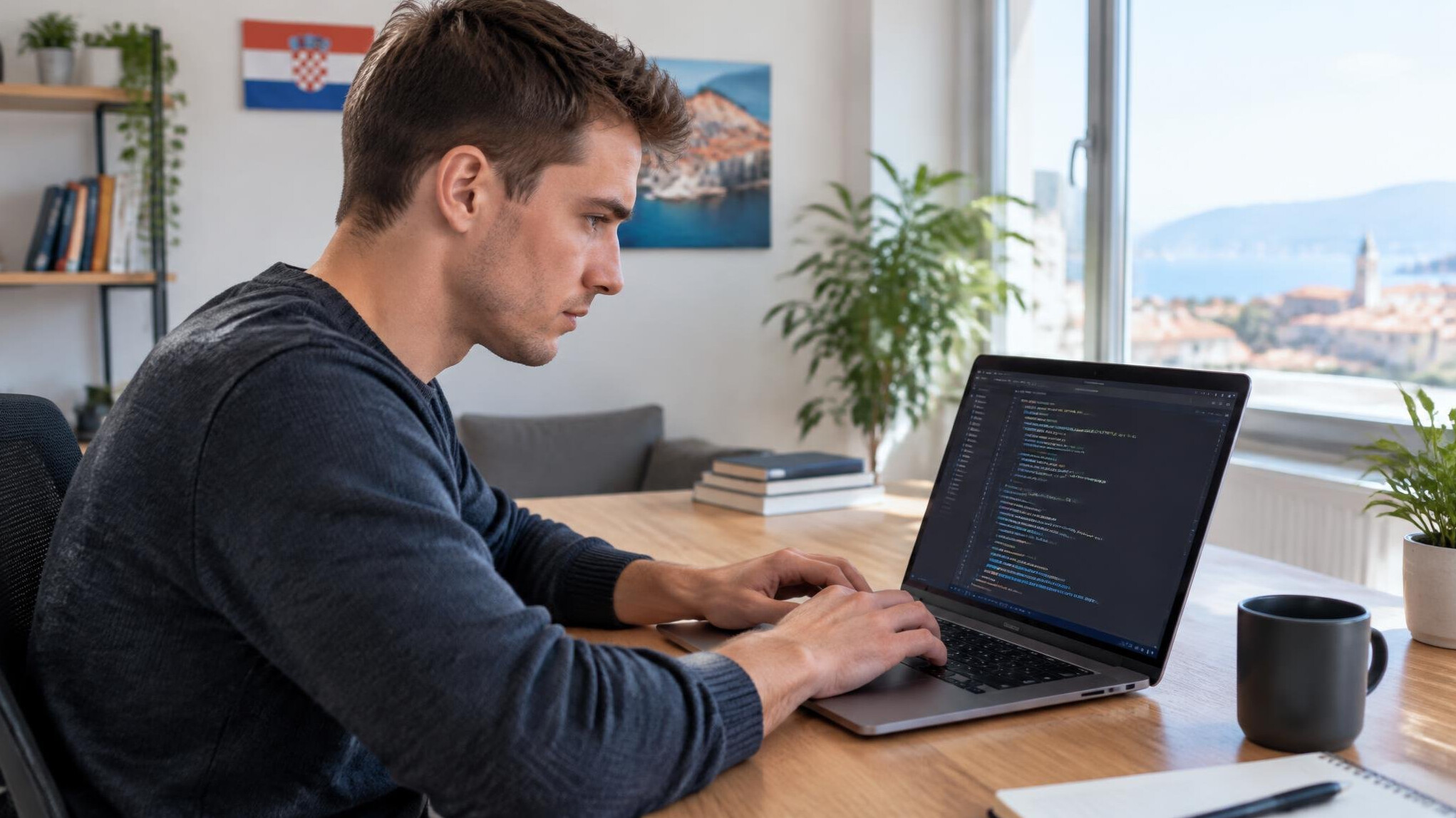 Young man focused on writing code on a laptop