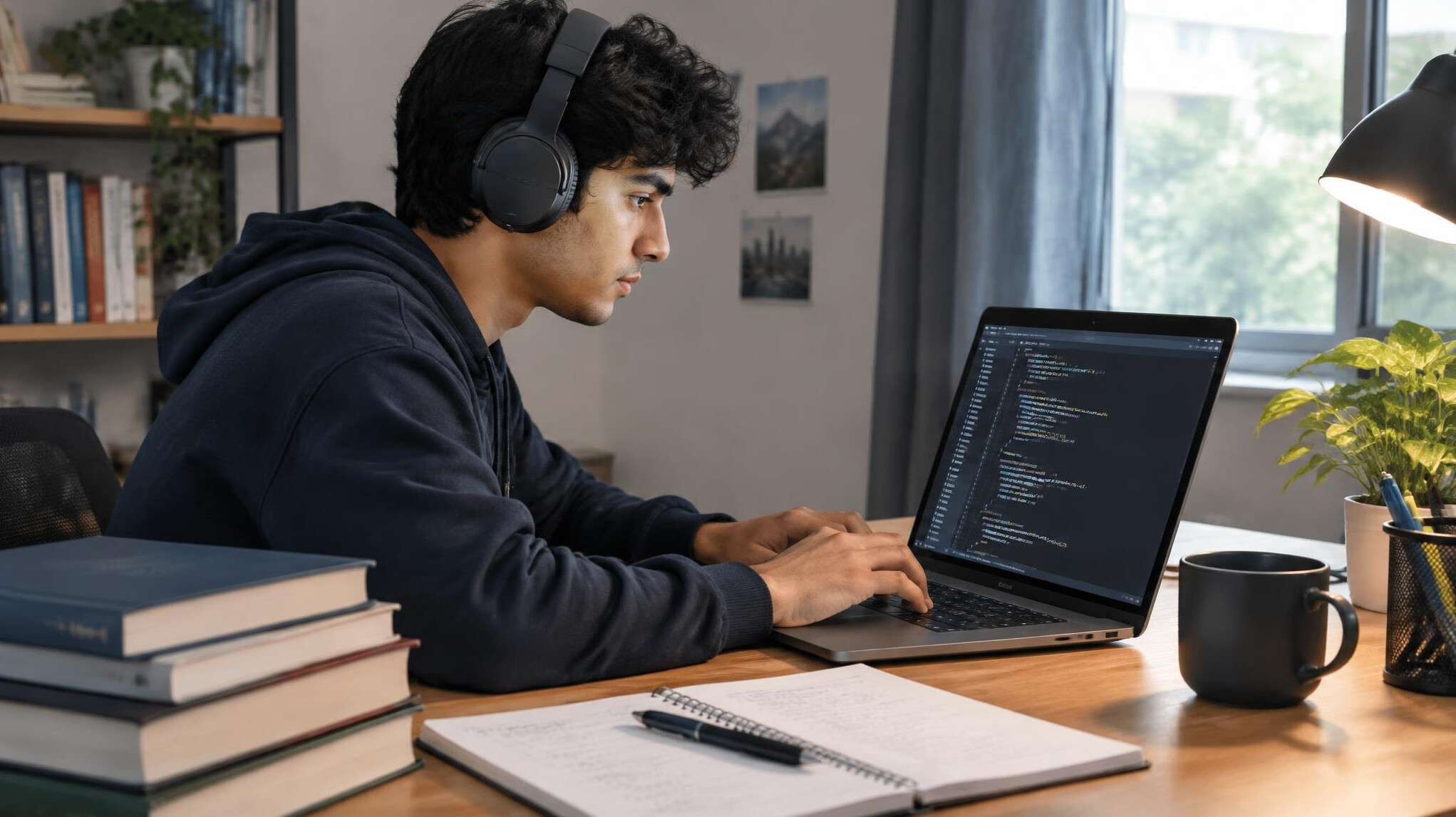 person studying at home desk